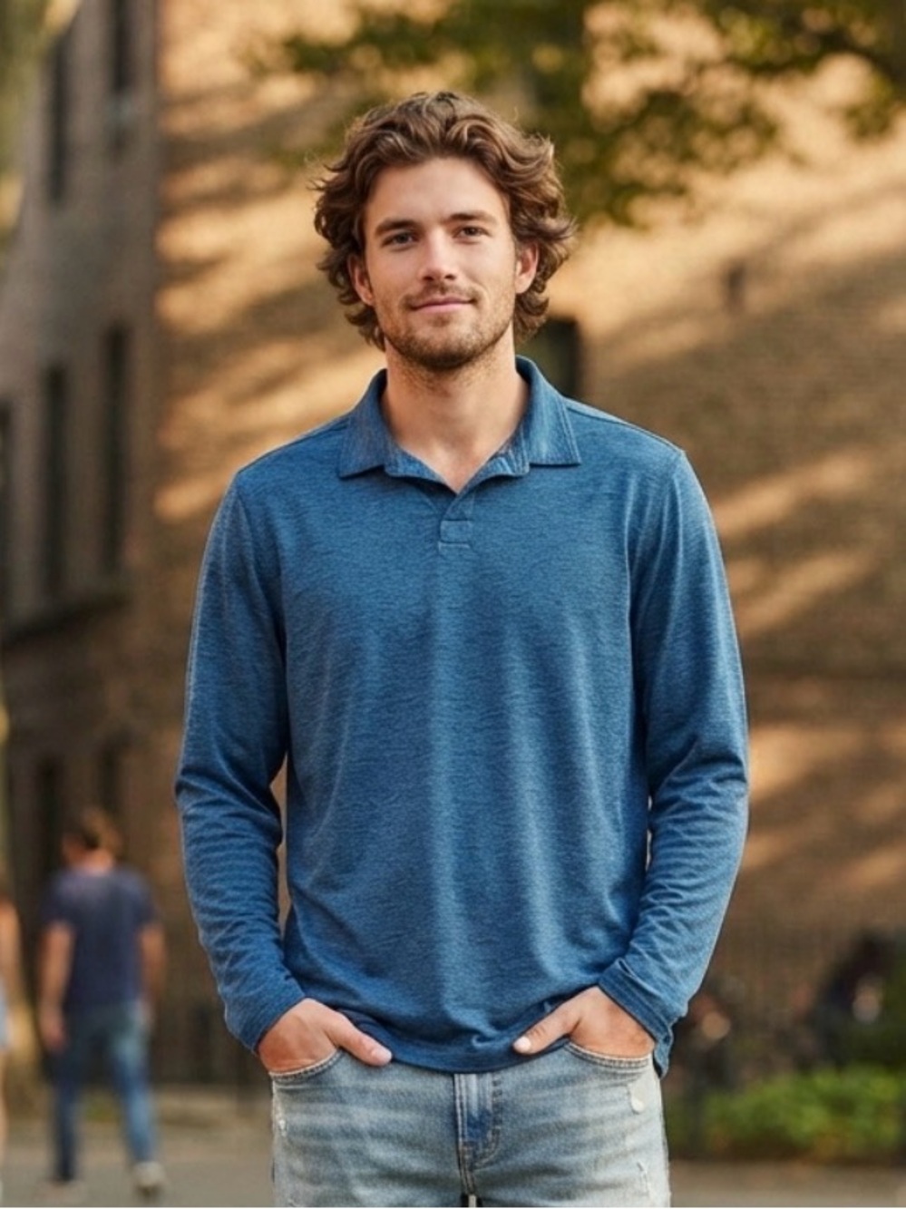 L.L. Bean Men's Long-Sleeve Polo in Heathered Blue